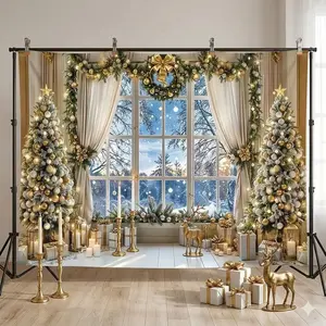 Christmas Party Banner 1pc 2D Flat Polyester Indoor Christmas Tree Window Pattern Photography Backdrop Durable Winter Holiday Wall Decoration Living Room Outdoor Sign Ornaments Christmas Tree Banner for Parties,  banner hanging in window