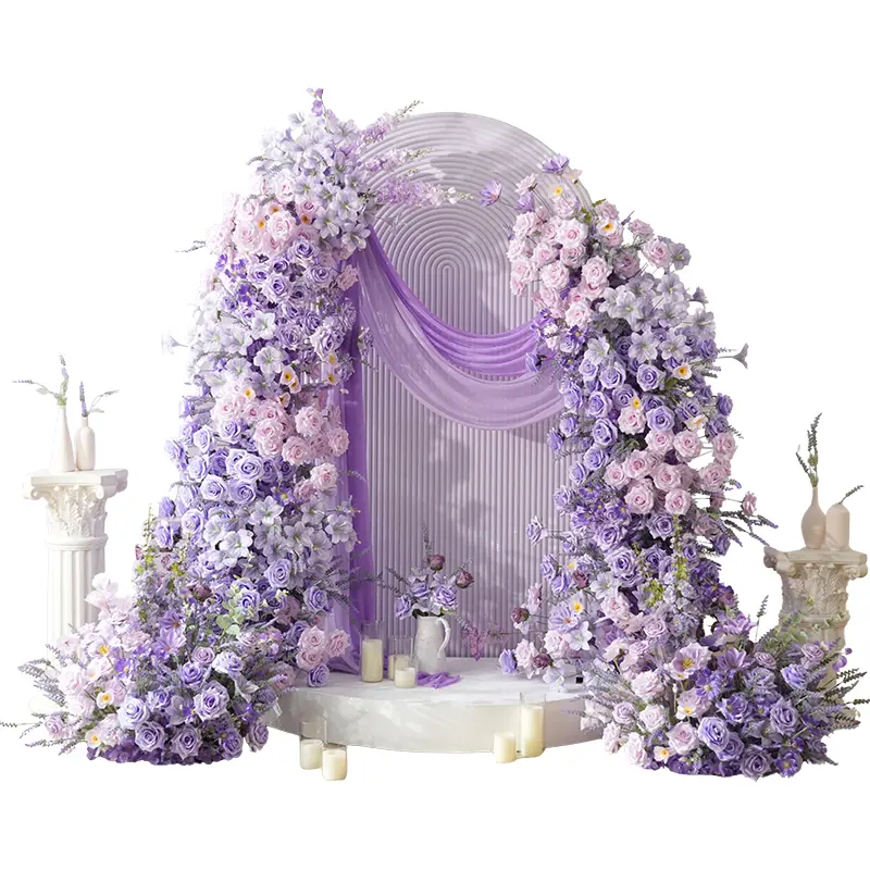 S-A9002 Decorative Purple 2pcs 23.6in Row Horn Floor Flower Arches with Lavender Delphinium Rose Artificial Florals for Wedding Aisle Decor, Photo Backdrop, Purple 2Pcs 23.6'' Floor Flower