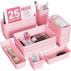25 PCS 4-Sizes Plastic Drawer Organizers Set, Vanity Makeup Desk Bathroom Drawer Organizer Trays, Storage Organizer for Makeup Jewelry Gadgets Utensils (Pink)