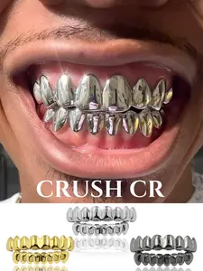 CRUSH CR Y2K Edgy Mirror Polished Grillz Set for Women Teens, Gold/Silver/Black Plated Full Top Bottom Teeth, Hypoallergenic Lightweight Removable, Ideal for Festival Fits, Rave Outfits, Baddie Aesthetic and TikTok OOTD Shoots, Teeth Kit