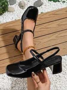 Women's Square Toe Ankle Strap Thick Heel Shoes, PU Leather Casual Fashion, All Season Comfortable Workwear Footwear