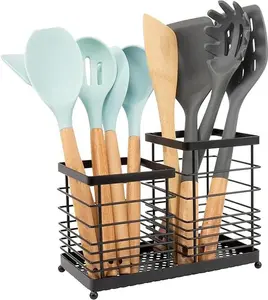 Holder for Countertop,Stainless Steel Kitchen Holder,2-In-1 Spoon Spatula Holder for Kitchen Counter,Large Wire Utensils Organizer,Black Cooking Tool Holder Storage Crock (2 Compartment)