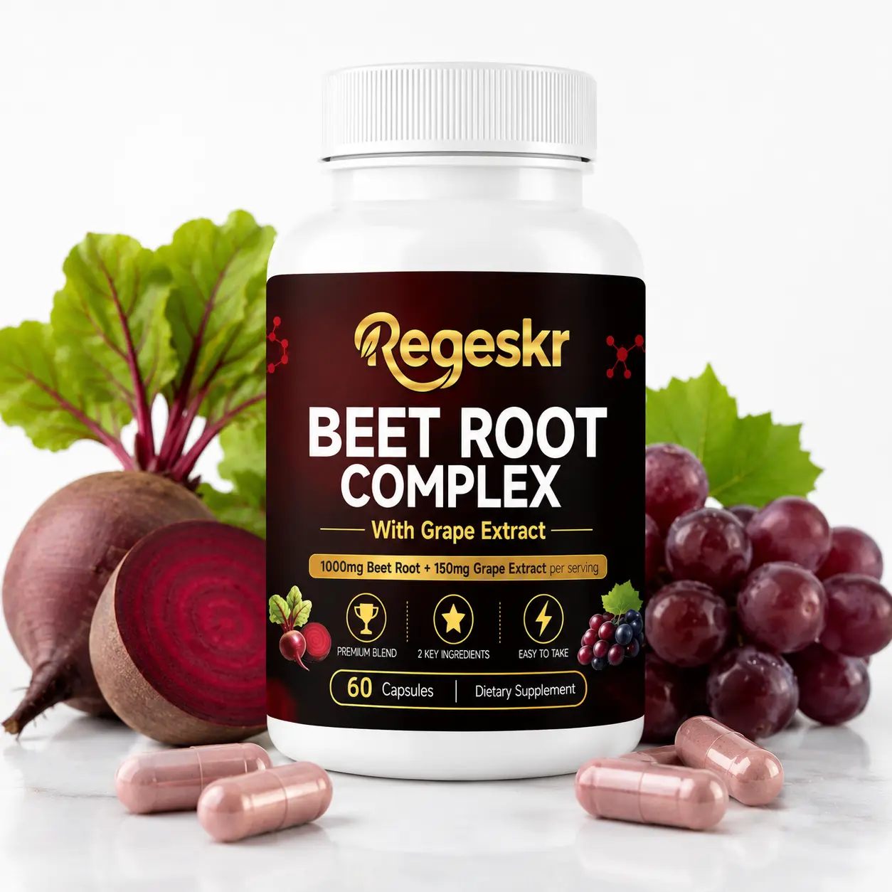 Regeskr Beet Root Complex with Grape Extract - 1000mg Nitric Oxide Booster, Plant-Based Daily Wellness Support for Stamina & Heart Health, Non-GMO Gluten-Free (60 Capsules / 30-Day Supply)