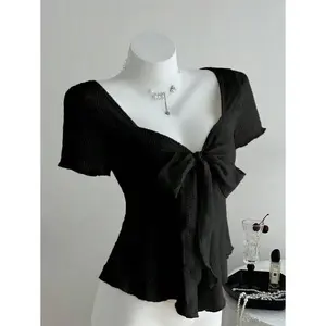 Elamini New Casual Vacation V-Neck Tie Bow Textured Fabric Fitted Women Short Sleeve T-Shirt, Spring/Summer Blouses Tops Womenswear Basic