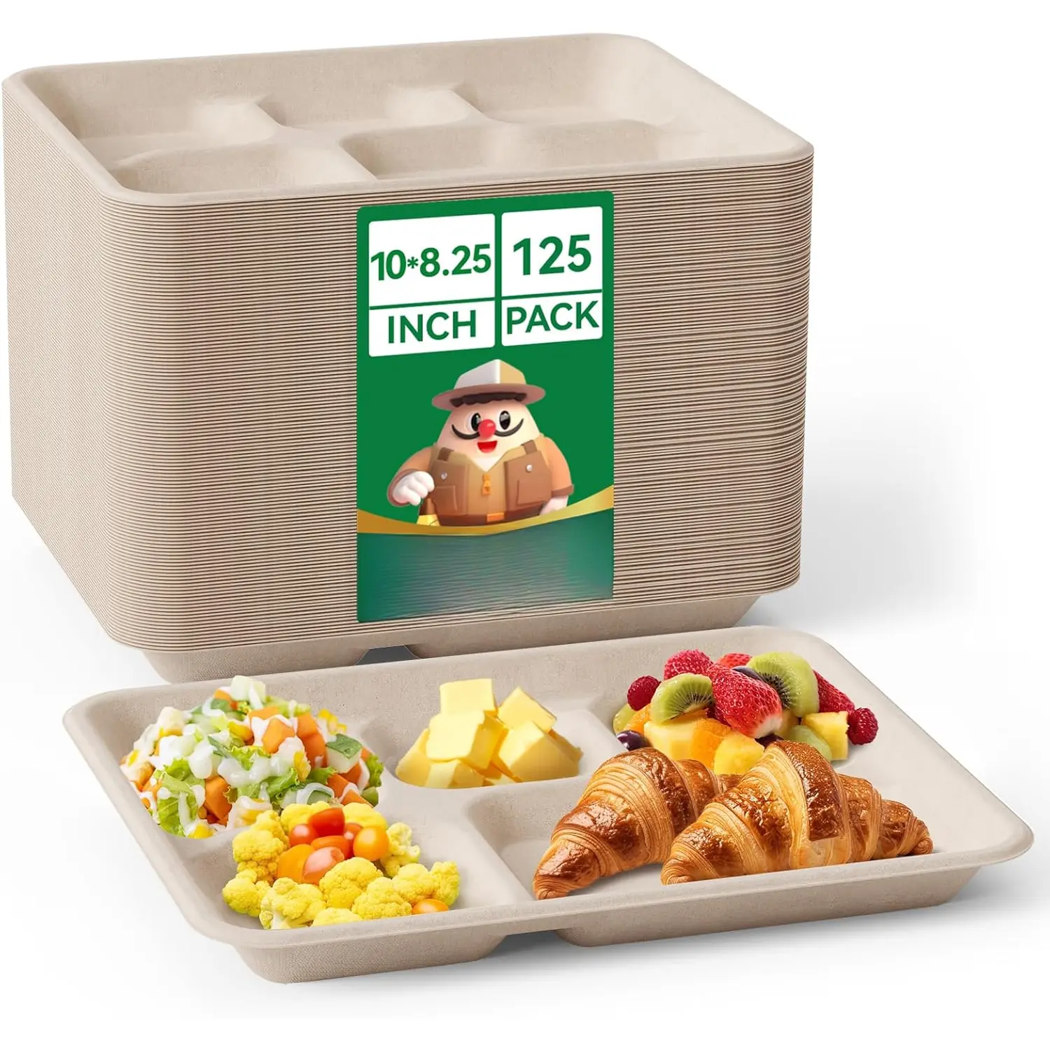 Compostable 5 Compartment Paper Plates 10 * 8 inch [125 Pack] Heavy Duty Divided Disposable  Biodegradable Containers Food Trays for Dinner Lunch Buffet(Brown)