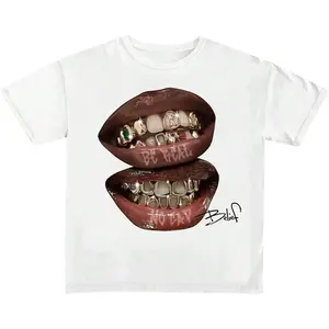 Men’s lips print graphic tees, Y2K T-shirts for summer, crew neck short sleeves, vintage going-out drop-shoulder tee tops