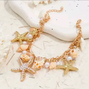 Bohemian Style Seashell Ankle Charm Bracelet with Starfish and Pearl Accents Beach Style Jewelry Gifts for Women