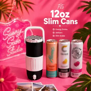 Sunny Side Studio Checkerboard Slim Can Sleeve with Handle 12oz Skinny Can Holder Aesthetic Drink Sleeve Optional Cherry Add-On