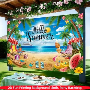 Summer Party Background Banner, Polyester Material, Hawaiian Beach and Ocean Theme, Multi-Purpose Wall Hanging Decor, Indoor Outdoor Use