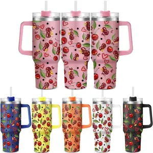 40oz Leak Resistant Tumbler with Lid, 1 Count Cherry Pattern Stainless Steel Water Bottle, Drinking Cup for Home Office School Outdoor Camping, Drinkware