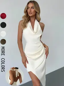 Women's Elegant Backless Sleeveless Dress with Bow Tie, Perfect for Date Night, Special Holidays, Wedding Season, Slim-Fitting Party Formal Wear