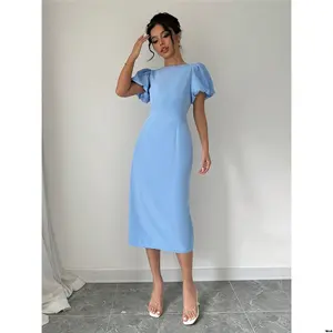 dress blue baby slit sleeves puff solid color summer Elenzya