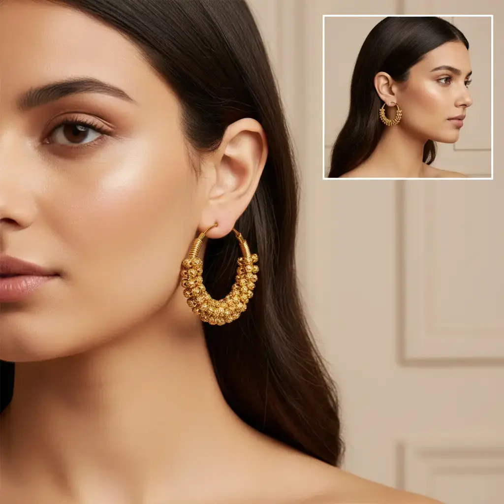 Women's Gold Plated Beaded Hoop Earrings - Desi Style, Decorative Beadwork, Elegant Bali-Inspired Design with Modern Touch, Indian Costume Jewelry, Beaded Design Earrings, Decorative Beadwork Earrings