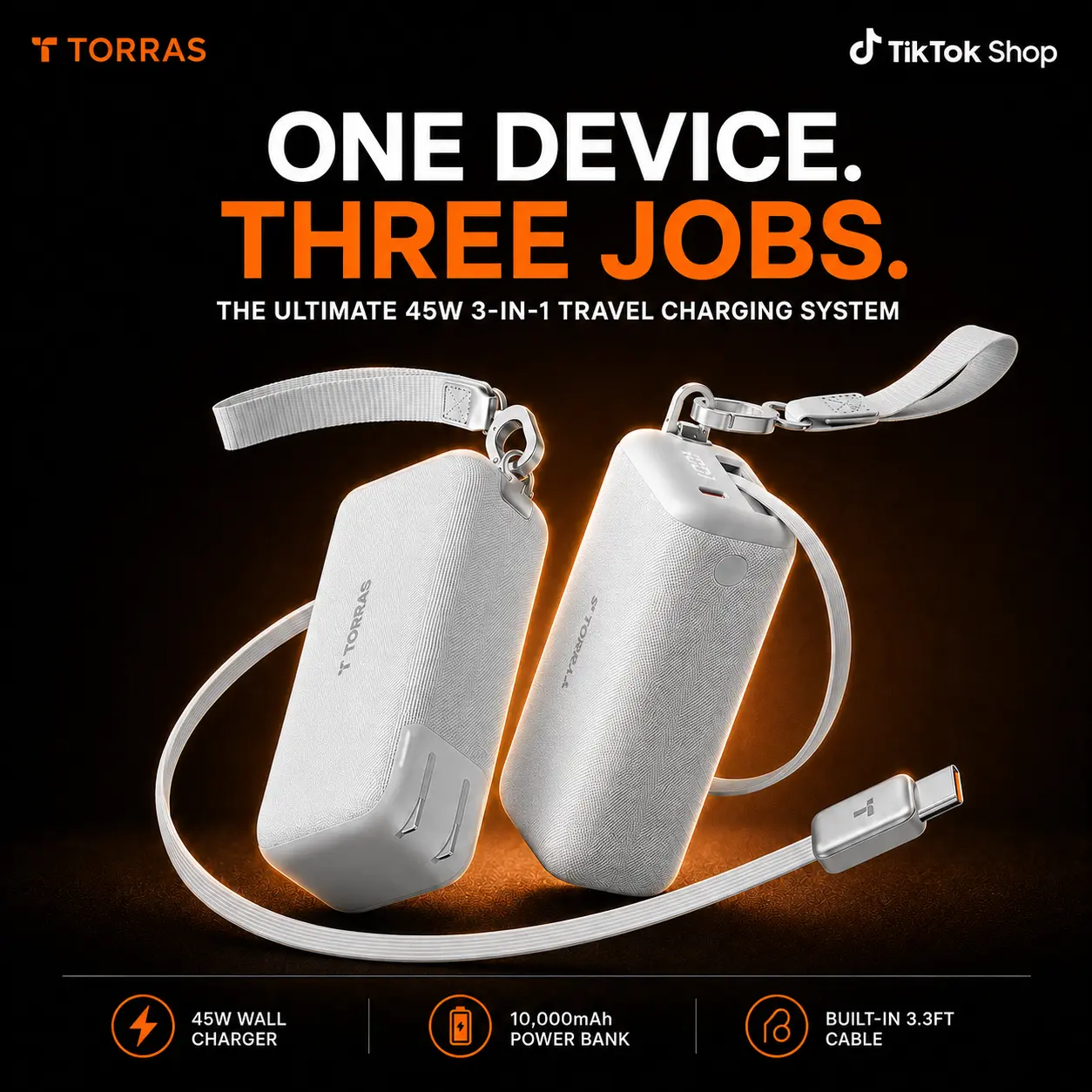 TORRAS PowerGo 3in1 Travel PowerBank Charger 45W Fast Charging 10000mAh Portable Battery with 3.3ft Retractable Cable  Hook for iPhone iPad MacBook Galaxy - Compact, Device summerwins A