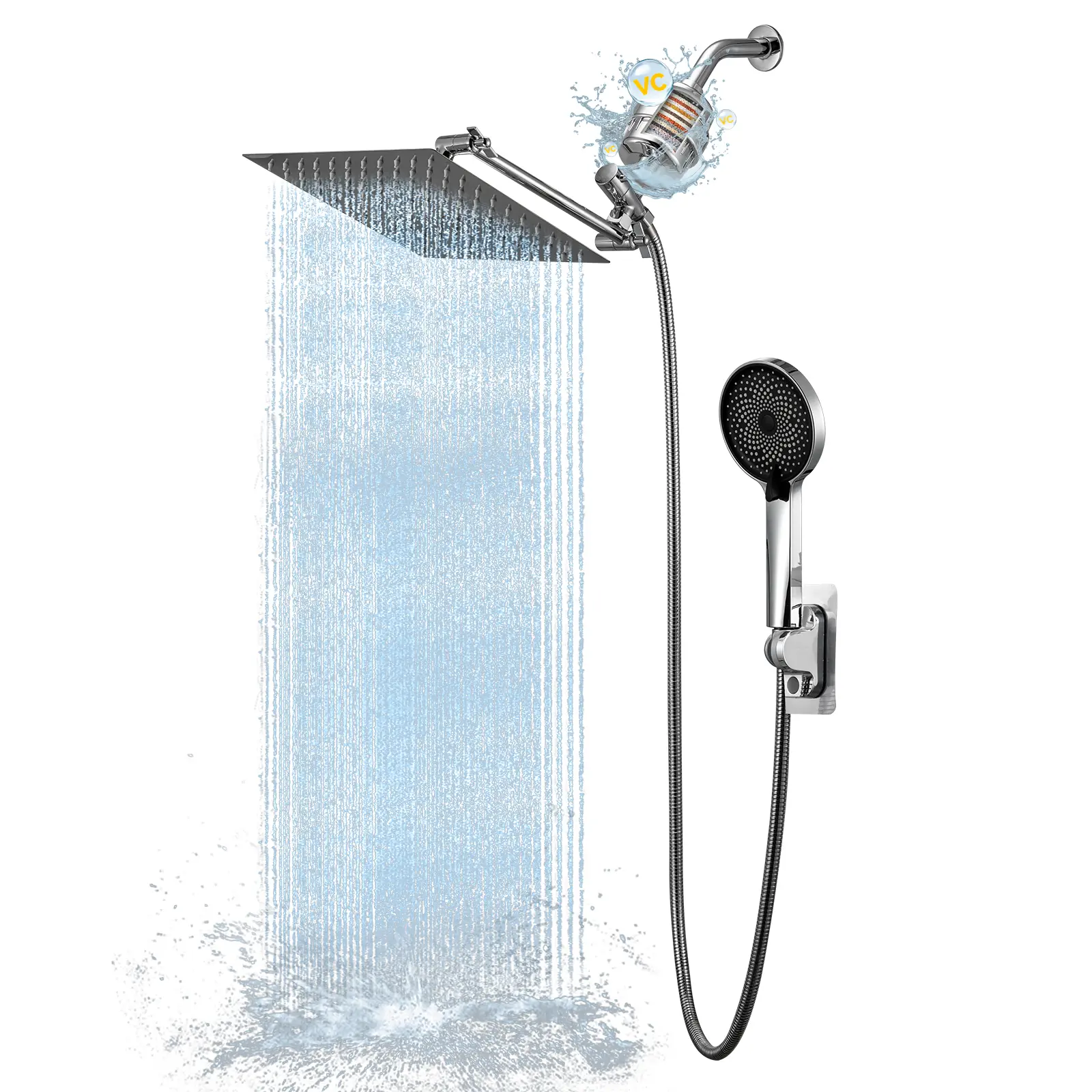 NGNP Shower Head, 10-inch 20-stage Filtration High-Pressure Rain Shower Head with 3-Mode Handheld Spray Combo, Adjustable Dual Rain Shower Head - Shower Head Comb Set with 11-inch Extension Arm - 60-inch Long Shower Hose flow water soft body Stainless Sum