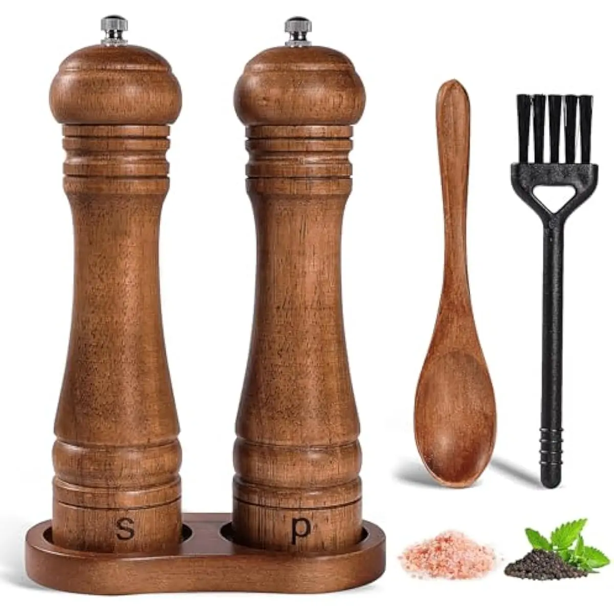 Wooden Salt and Pepper Grinder Set with Stand - 8-inch Oak Wood Salt Mill Pepper Grinder Set, Adjustable Ceramic Core, 2 Pepper Mills + Wooden Spoon & Cleaning Brush (Kitchen Essential)