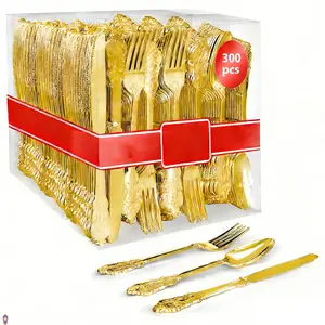 300pcs Disposable Gold Silver Cutlery Set for 100 Guests Heavy Duty Plastic Utensils Party Wedding Festival Christmas New Year Valentines Day Dinnerware