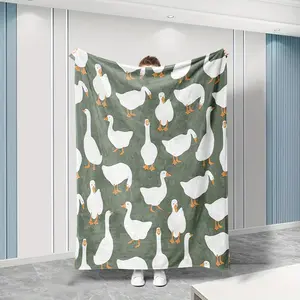 Sage Green Plush Flannel Throw Blanket with Cute White Goose Print, Soft Cozy Warm Fuzzy Animal Character & Bird Motif Blanket for Bedroom Sofa, Ideal Gift for Home Decor Enthusiasts, Animal Character Blankets, Bird Motif Blankets