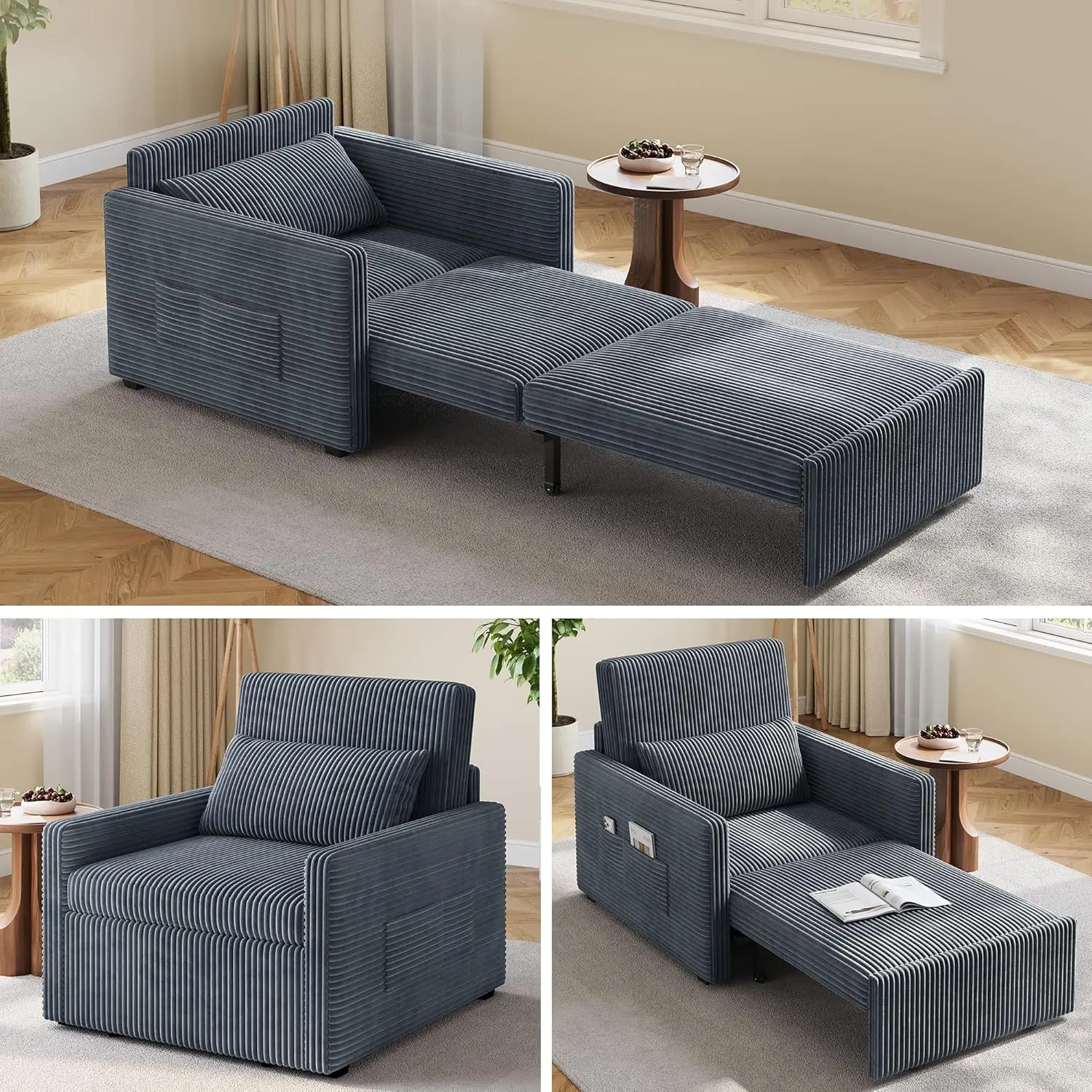 GIZOON Classic 3-in-1 Durable Corduroy Convertible Sleeper Couch - 75.2" Pull-Out Futon Sleeper Sofa, Single Metal Frame Armchair Bed with Throw Pillow, Dark Grey Indoor Furniture for Dorm, Bedroom, Assembly Required