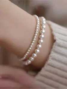 2PCS Faux Pearl Bracelets Set Dainty Faux Pearl Beaded Bracelet Boho Bracelet Stretch Bracelet Bridesmaid Party Jewelry Gifts For Women Girls