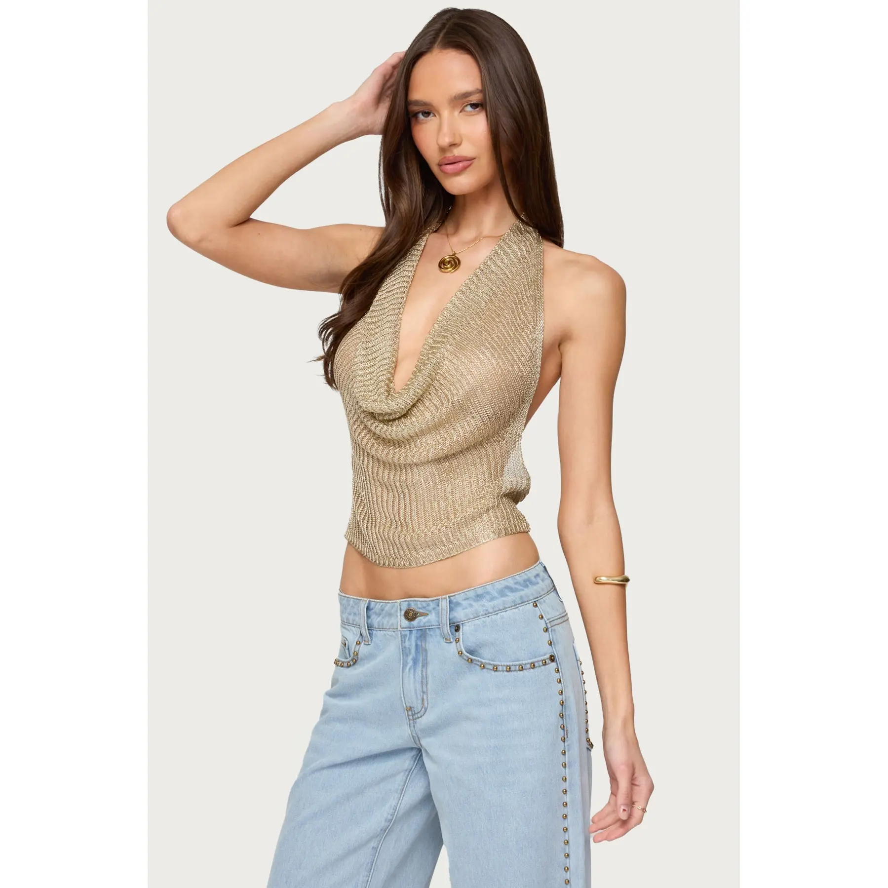 Shiny Knit Cowl Neck Backless Top Shiny Knit Cowl Neck Backless Top