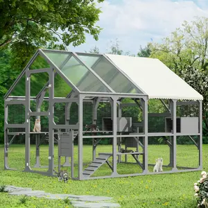 Large Catio Outdoor Cat Enclosure for Multiple Cats, Wooden Cat House with 7 Platforms, 2 Resting Boxes, 1 Bridge & 1 Ramp, Walk-in Kitty Cage Kennel with Sunshine Board Roof – Spacious Multi-Level Catio for Backyard, Patio, Balcony