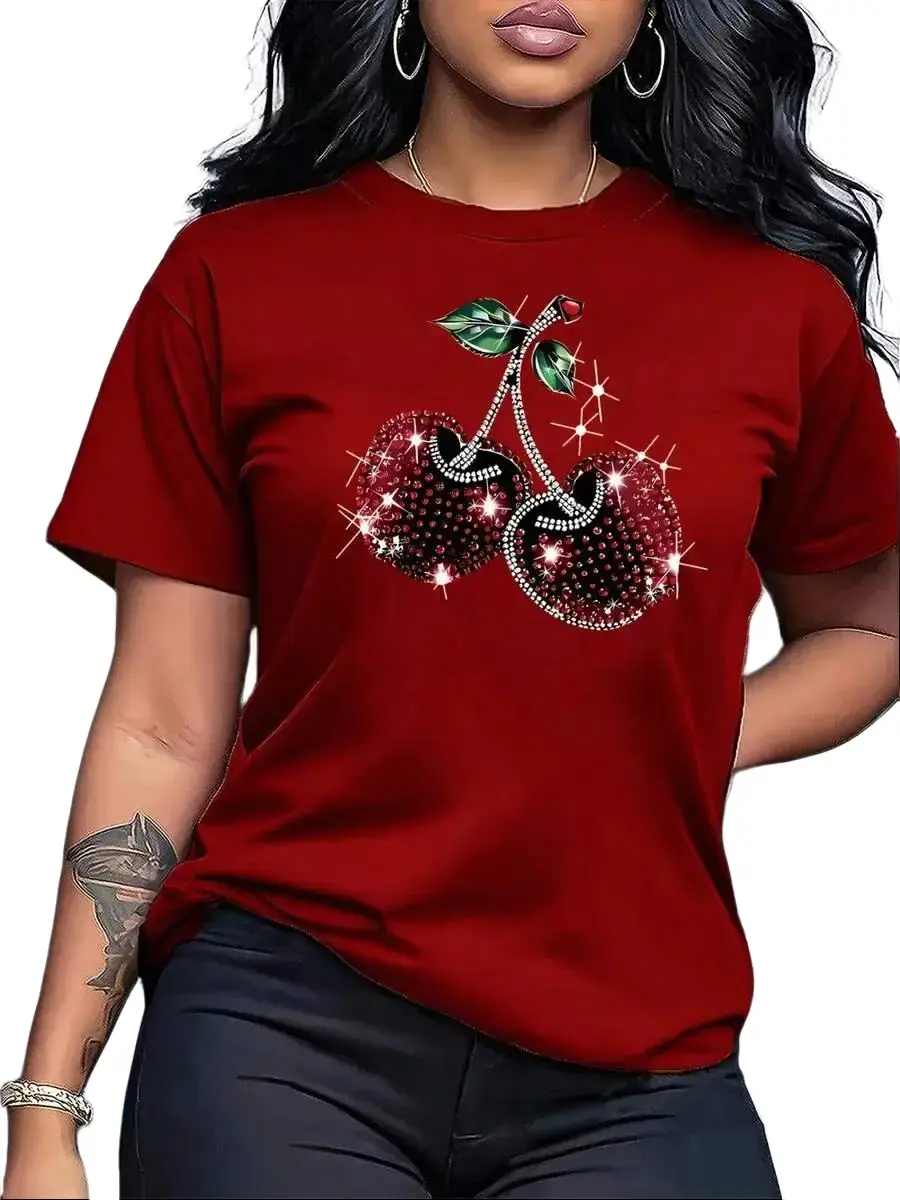 Women's Short-Sleeve Sporty Chic Sports Top - Round Neck, Sparkly Rhinestone Cherry Graphic, Multi-Size, Comfortable Navy Fashion Top for Parties & Casual Dates (Pairs with Jeans), Skirts