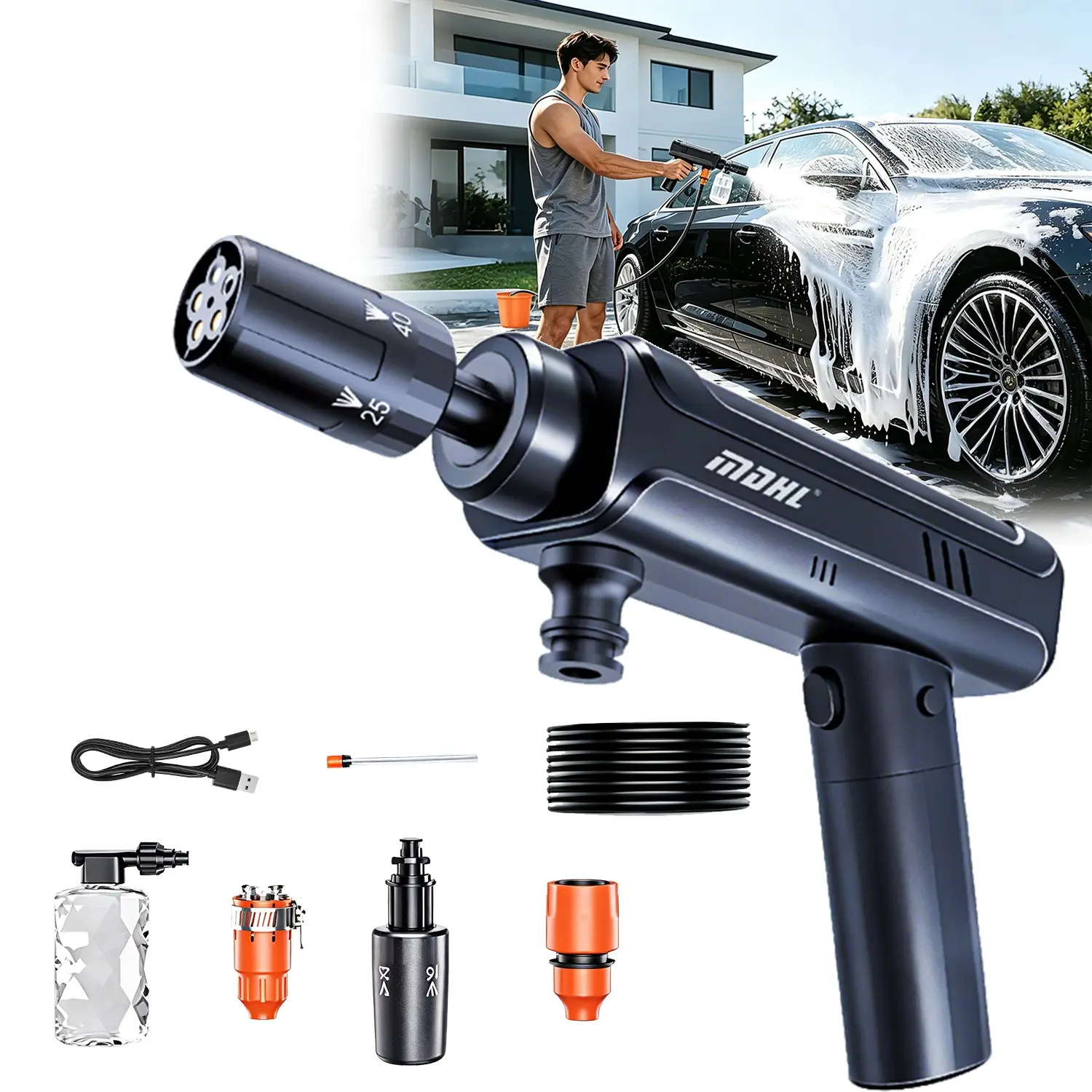 Foldable Cordless Pressure Washer, Wireless High Pressure Car Wash Water-Gun with 5-in-1 Nozzle,Handheld Washer for Car, Bike, Patio & Camping