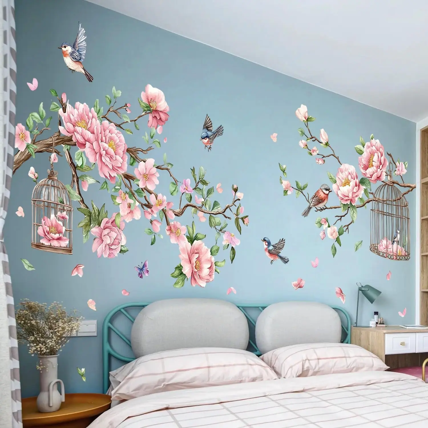 Cherry Blossom Tree Bird Decorative Wall Sticker, Wall Decal, Ideal for Bedroom TV Background Dining Room Home Decor, Universal Flat Sticker Type