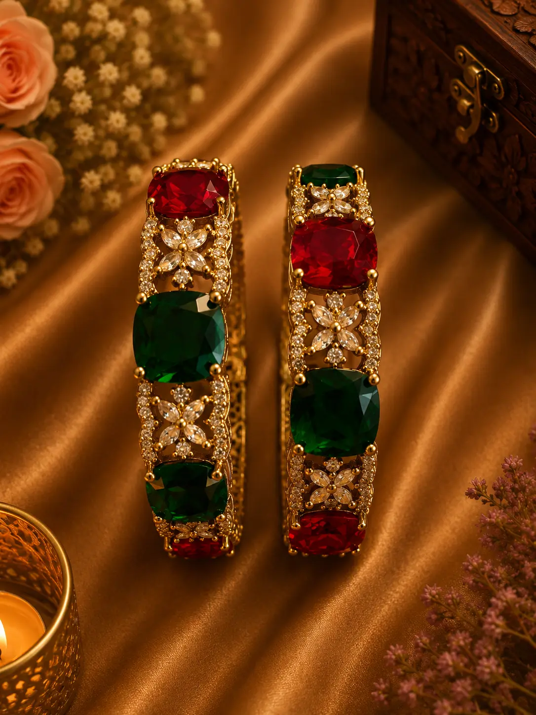 Luxury Gold finish Red and Green beautiful Indian Designer Bangles | Bridal Partywear CZ Bangles | Desi Jewelry 2.4-2.6 size