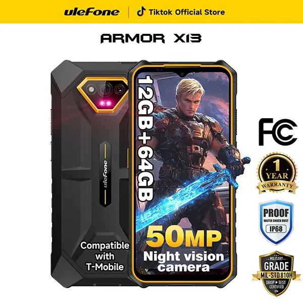 Ulefone Armor X13 Unlocked Rugged Phones Suit With Phone Case ,12GB RAM(6GB+6GB virtual RAM)+64GBROM, 4G Smartphone 50MP+24MP Night Vision Camera, 6.52" HD+,IP68/IP69K Waterproof Phone, 6320mAh, Android 16, NFC/OTG/GPS/Fingerprint ID, Cellphone, Mobile