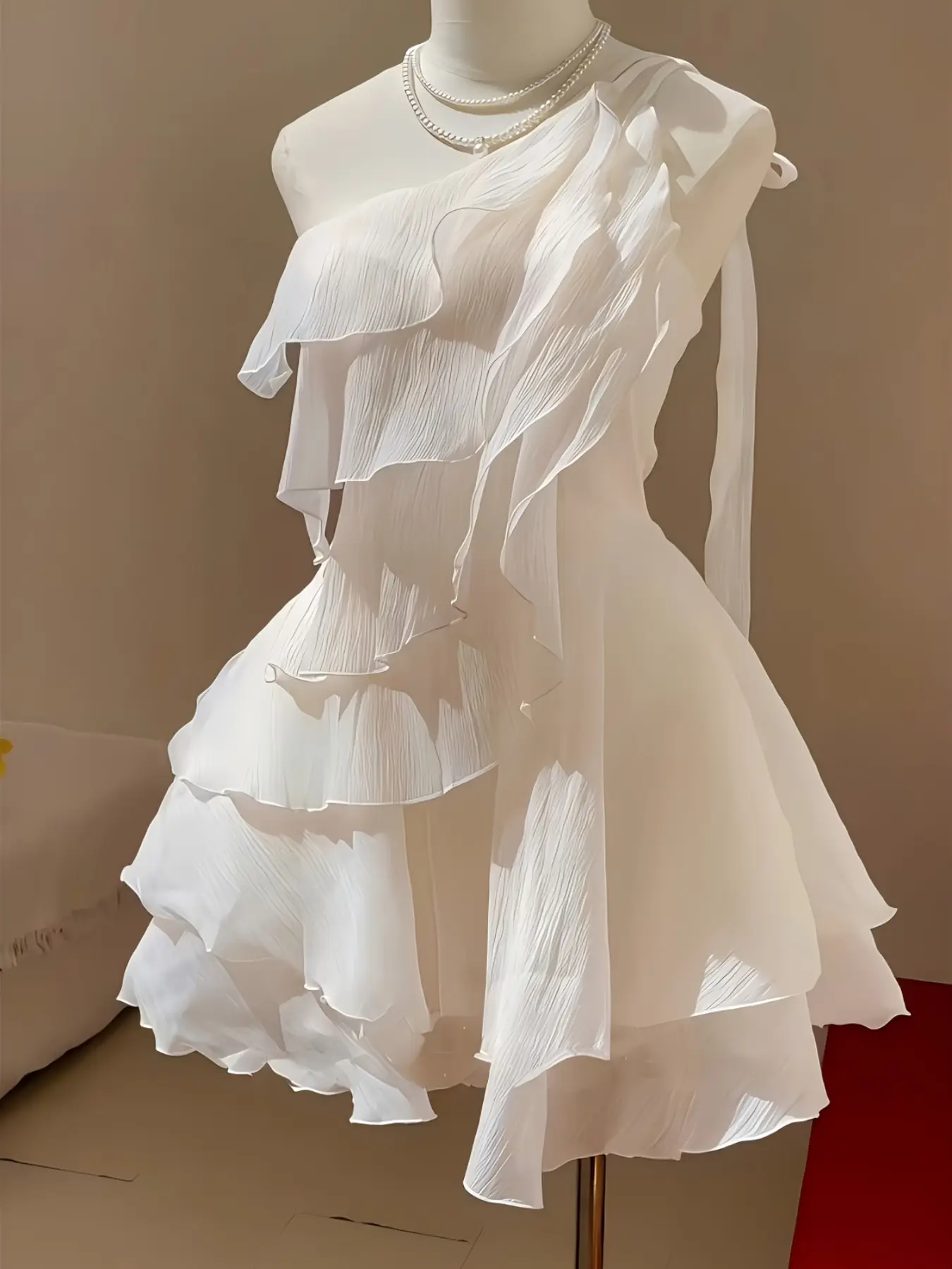 Women's Elegant Asymmetrical Neck Ruffle Layered Woven Evening Dress, Fitted Party Gown for All Seasons, Stylish and Sophisticated Design