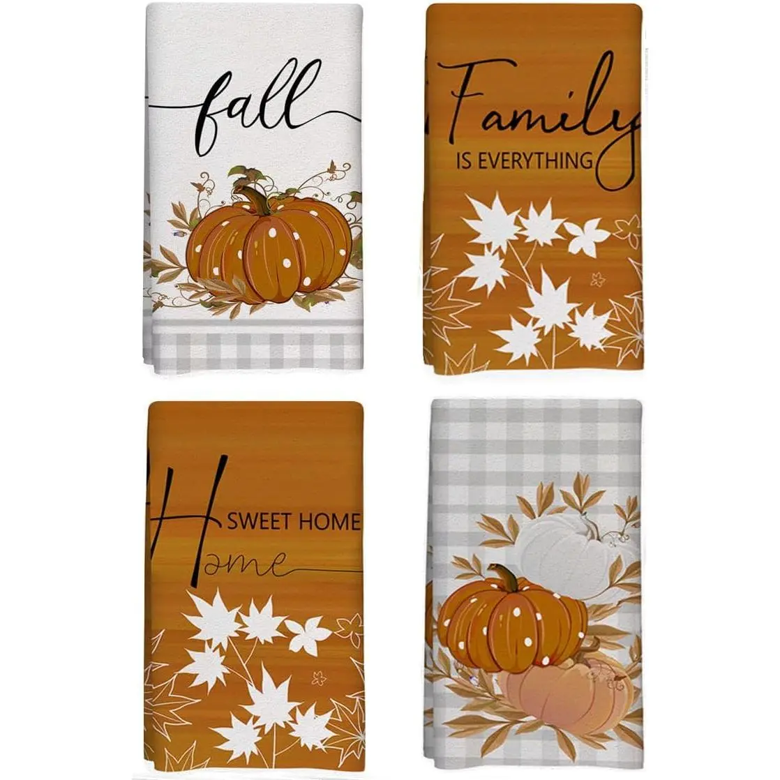 Orange Maple Leaf Hello Pumpkin Fall Kitchen Towels Dish Towels, 18x26 Inch Farmhouse Thanksgiving Day Decoration Fall Home Kitchen Decor Hand Towels Set of 4
