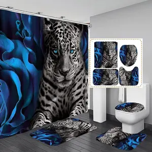 Blue Rose Leopard Print Shower Curtain Set, Includes Rug Toilet Lid Cover Bath Mat, Durable Bathroom Decor with 12 Hooks, Bathroom Supplies, Bathroom Decoration Accessories