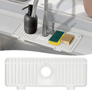 Kitchen Sink Splash Guard,  Faucet Guard & Draining Mat, Bathroom and Kitchen Sink Organizer, Sink Faucet Mat Water Splash Guard Behind Faucet Accessories Gadgets, 14.2 x 5.1, White