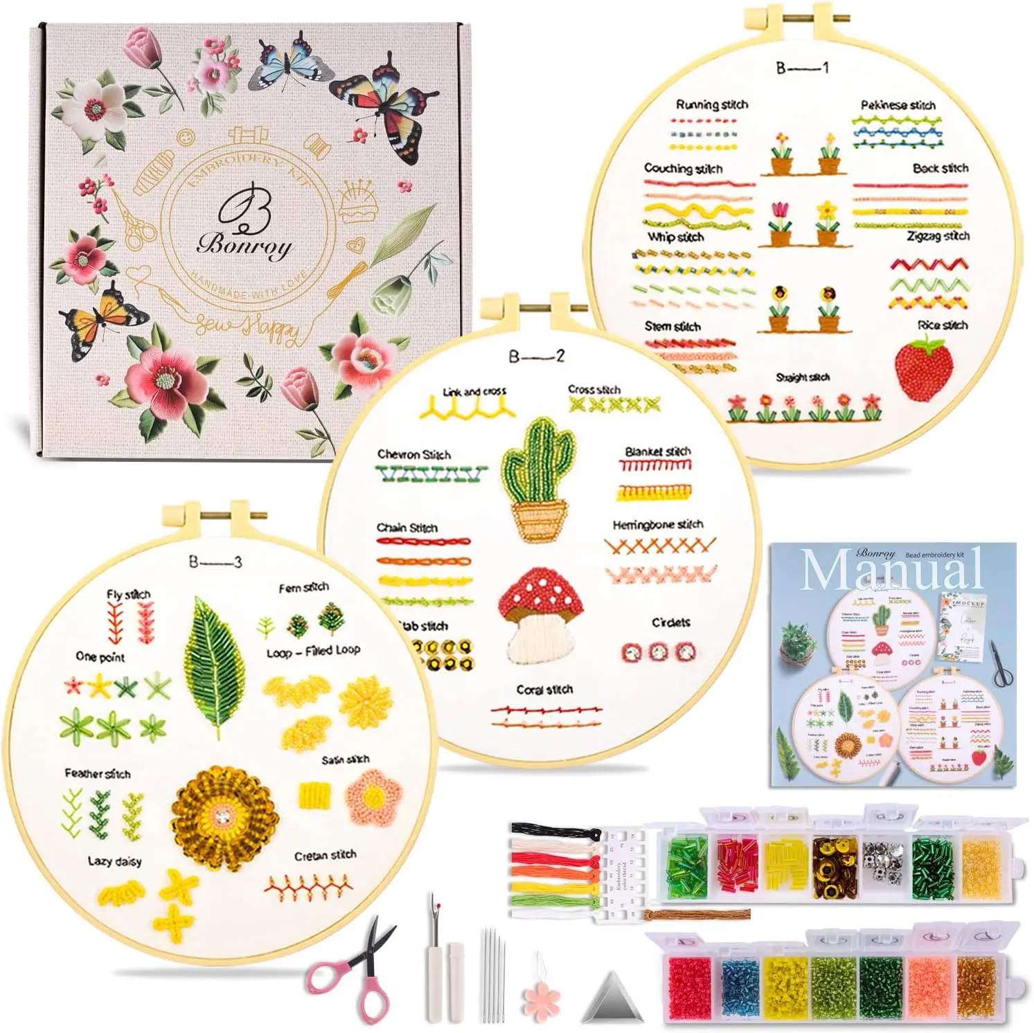 Beginner Bead Embroidery Kit for Adults Kids, Learn to Embroider 26 Stitches, Stitches Kit, Bead Embroidery Kit, Beginner Embroidery Practice with Step-by-Step Guide & Video