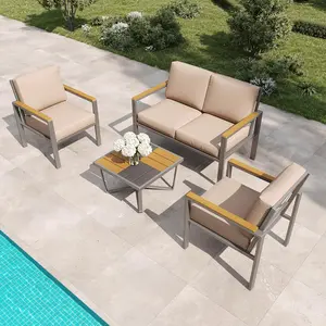4-Piece Outdoor Patio Furniture Set with Cushions, Wood-Like Armrests, Coffee Table, and Versatile Design for Garden, Porch, and Yard