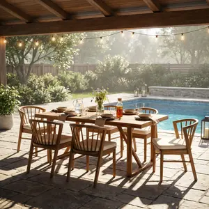 [Bellemave] 7 Pieces Acacia Wood Outdoor Dining Set with Cream Cushions,Modern 6 Chairs 1 Large Table,Dining Furniture Set for Lawn, Backyard, Garden Deck,Poolside
