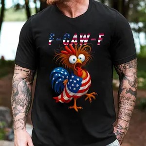 Men's & Women's Funny Chicken Meme F-Caw-F Quote Rooster USA Flag T-Shirt, Short-Sleeve Streetwear Casual Cotton Round Neck Top