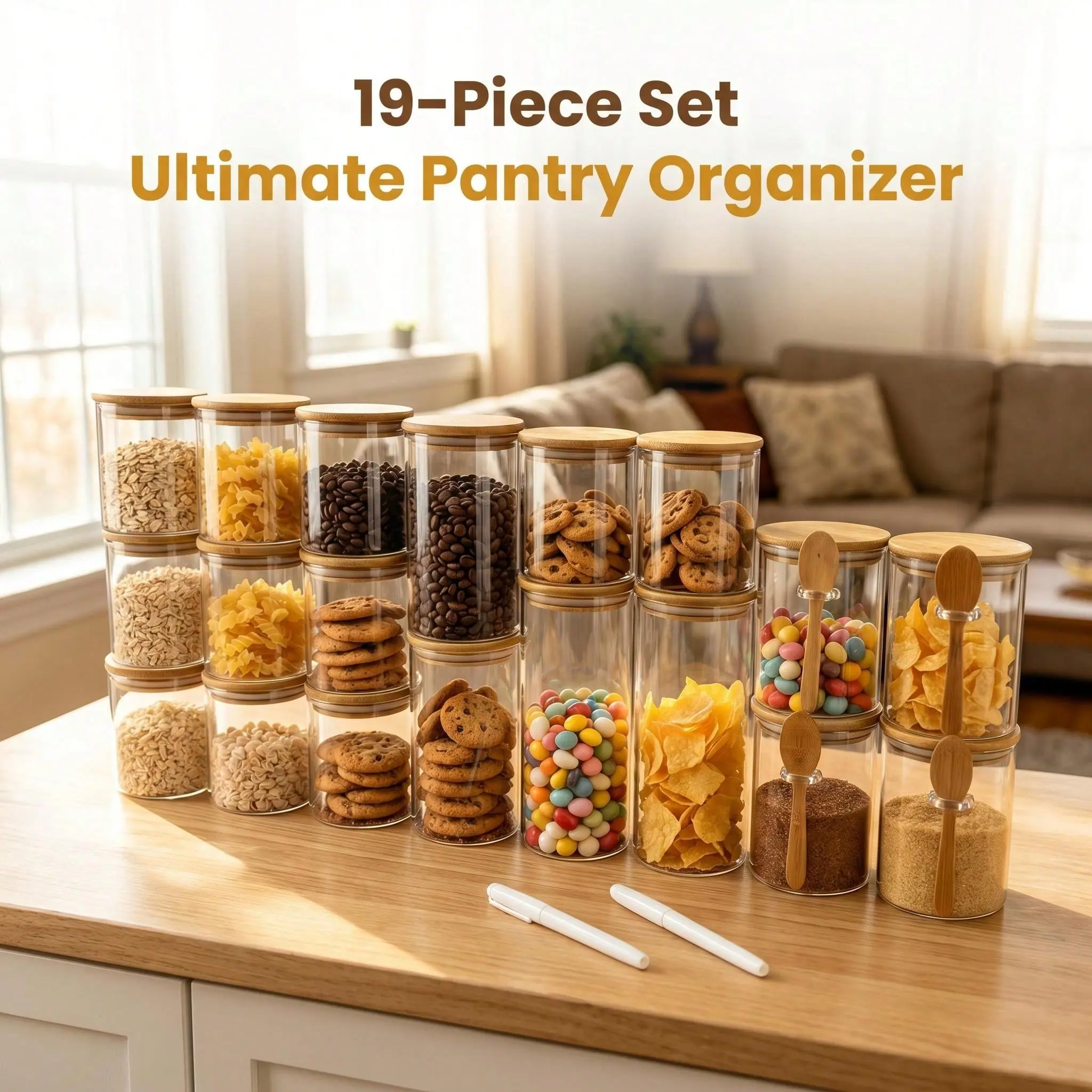 19 Pcs Airtight Food Storage Containers Set with Bamboo Lids & Labels, Stackable Clear Jars for Flour Sugar Cereal Pasta, Kitchen Pantry Organizer Kit