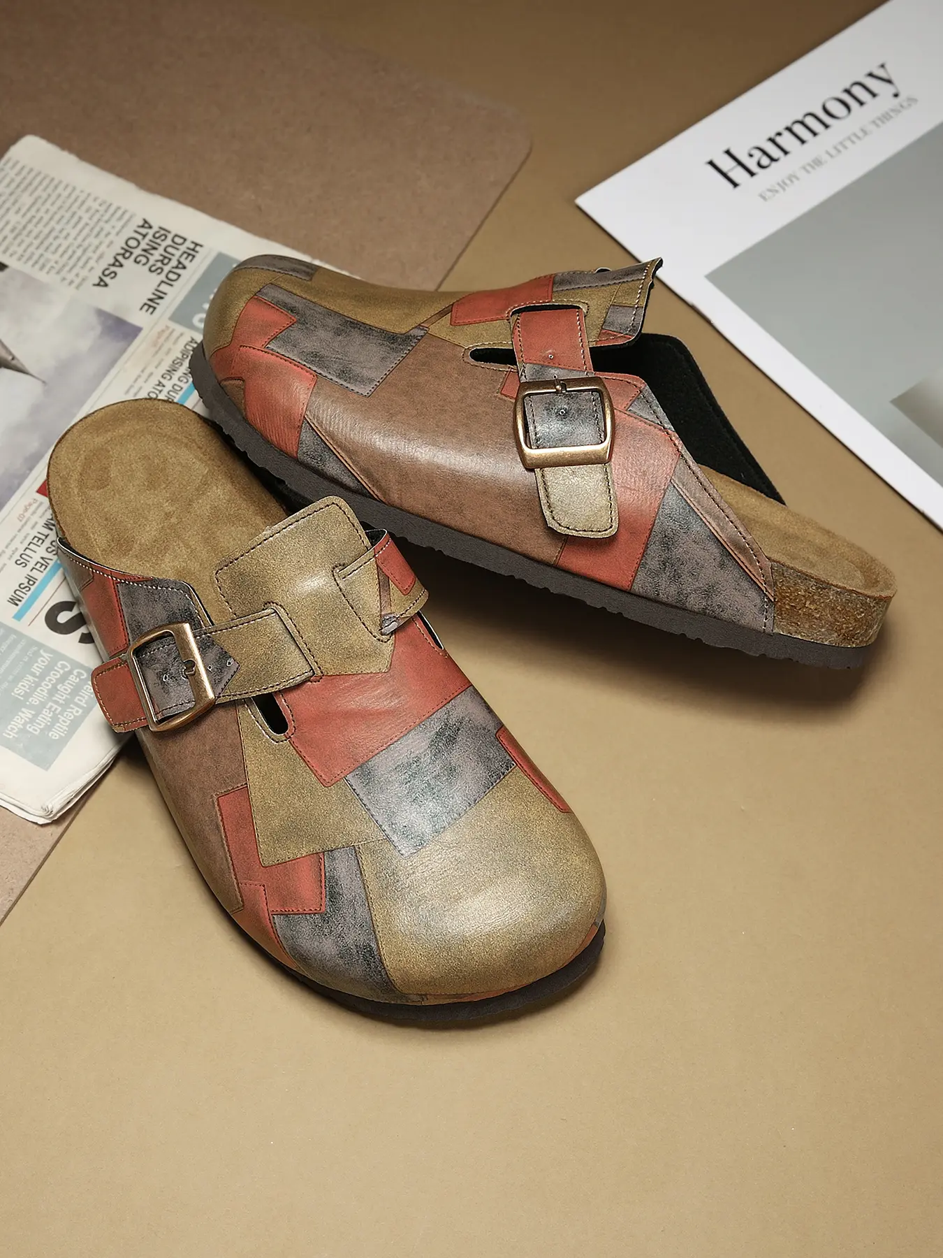 Unisex Boho Style Sandals, Bohemian Sandals, Unique Sandals, Soft Cork Heel Design, Adjustable Buckle, Composite Leather, Round Toe, Low Top, All Seasons Comfort, Footwear Sandal
