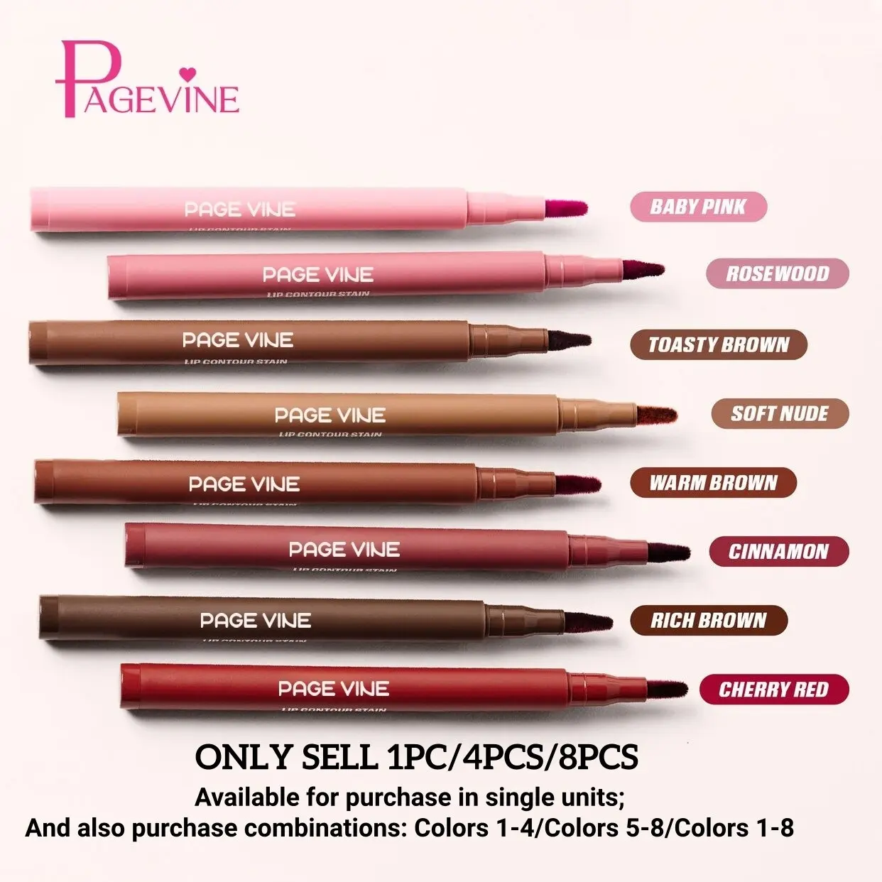 Pagevine Dual-Ended Precise Lip Liner & Gloss Pen, 12 Hour Long Lasting Waterproof, High Pigment with 2 Brush Tips, Available in 8 Colors for Glossy Lip Makeup, Lip Product, Lip Stain Liner, Lip Liner Singles