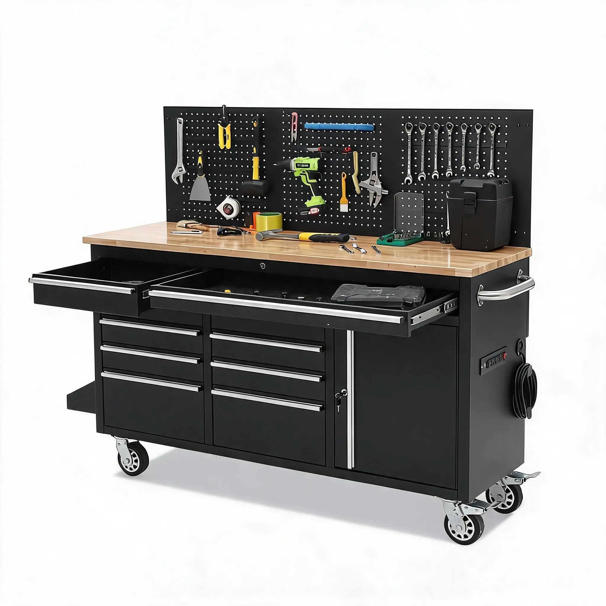61 Inch Garage Tool Cabinet with 10 Drawers,Workbench Storage Tool Cabinet with Solid Rubber Wood Top, Rolling Toolbox Stainless Steel Tool Bench with Locking System,Power Strip, Black