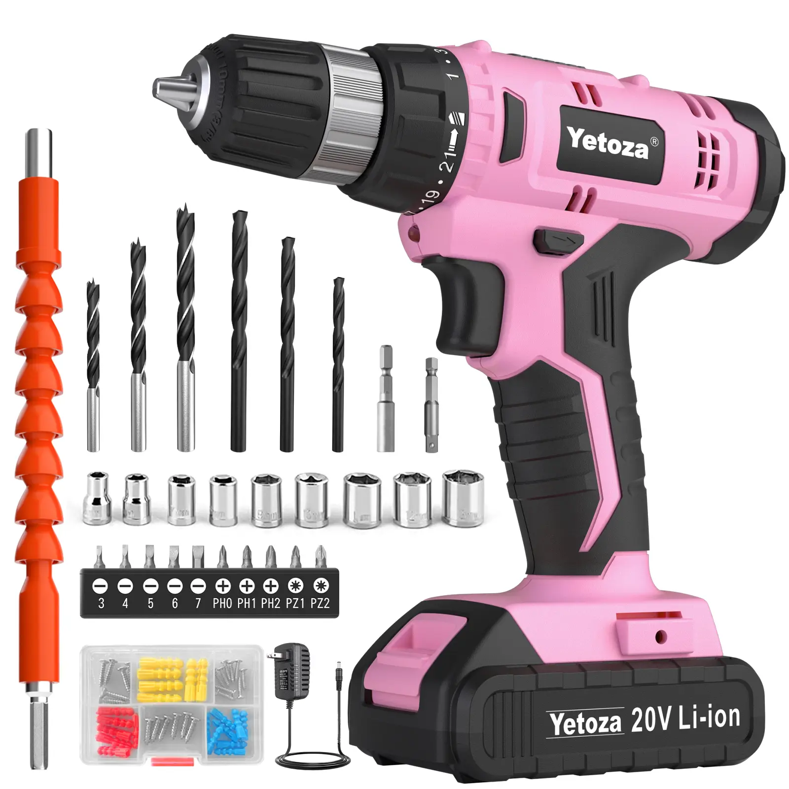 Yetoza 20V Cordless Drill Set, 30N.m Torque Power Drill with Battery & Charger, 21+1 Settings, 3/8" Chuck, LED Light, Bits Kit Included – Tools for Home & Workshop Use,father'sdaygifts