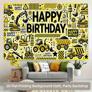 1pc Construction Birthday Party Banner - Happy Birthday Decoration with Construction Vehicles (Excavator, Trucks, Bulldozers) - Yellow & Black Birthday Backdrop for Boys, Girls, Photo Booth, Warehouse Theme - No Electricity Needed, Easy Hang Polyester