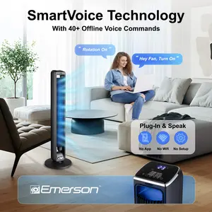 42” Bladeless Tower Fan with Oil Diffuser – Oscillating Quiet Fan with Voice Control & Timer | Emerson SmartVoice