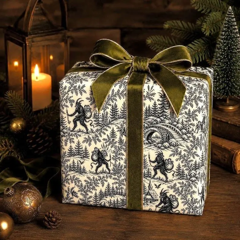 Krampus Toile Wrapping Paper Gothic Christmas Gift Wrap, Vintage Holiday Wrap, Dark Cottagecore Christmas, Folklore Yule Gift Wrap