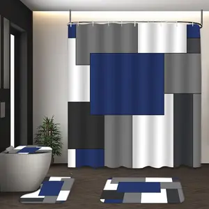 LVRLVR 4pcs Geometric Block Pattern Modern Minimalist Navy Blue Grey Polyester Shower Curtain Set Bathroom Accessory 70.8x70.8 Inch