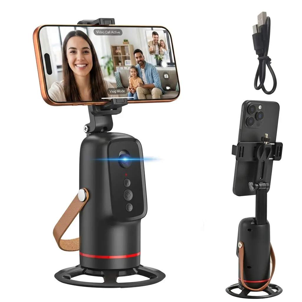 Compact Rechargeable Smart Auto Face Tracking Mobile Phone Holder - Gesture Control, 360° Rotation, Body Camera Mount, Tripod for iPhone, Filming Setup Vlogging Accessory for Live Stream, Selfie Stand