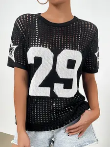Women's Figure & Letter Hollow Out Breathable Light Soft Sweater, Casual Fashion Short Sleeve Crew Neck Round Neck Knit Top for Summer, Fashion Women's Knitwear for Daily Wear, Womenswear, Lady, Everyday